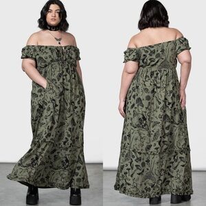 Killstar Olive and Black Off-Shoulder Maxi Dress